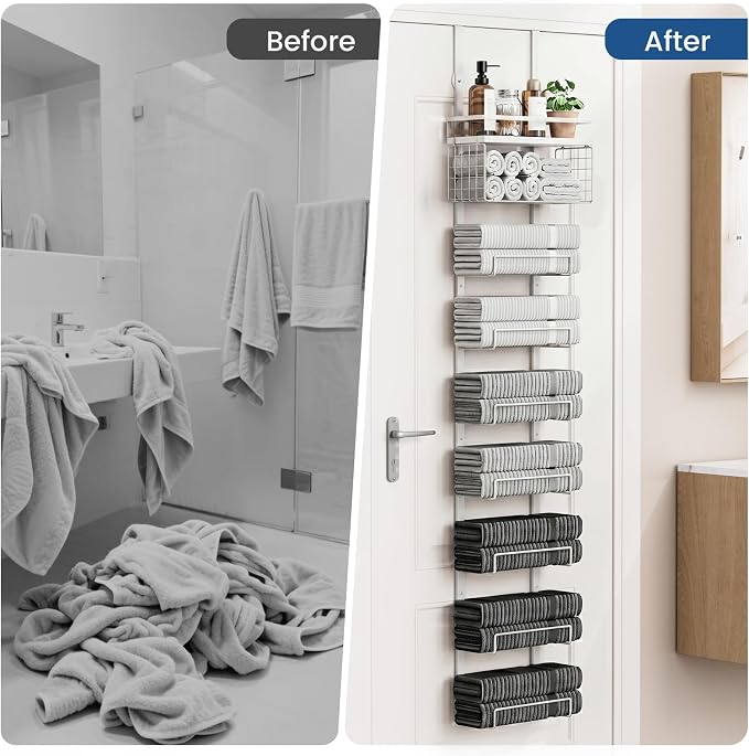 Aetyord Towel Racks for Bathroom Over The Door Towel Racks Towel Storage Organizer with Metal Shelf Basket for Bathroom Rv Camper (9-Tier White)
