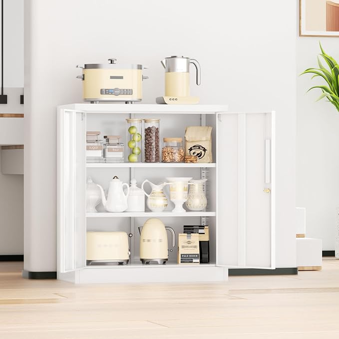 INTERGREAT Metal Garage Storage Cabinet, 36" Locking Counter Cabinet with 2 Locking Doors and 2 Adjustable Shelves, Small Steel Cabinet for for Home Office, Gym, School(White)