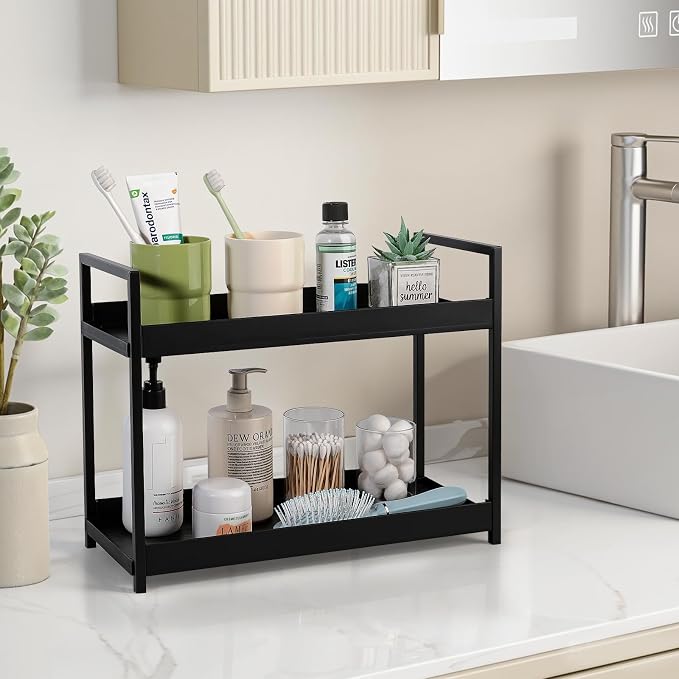 Bathroom Counter Organizer Vanity Storage Countertop Shelf, Large Black | 2 Tier Makeup Organizer Perfume Tray Skincare Holder for Sink, Dresser, Kitchen