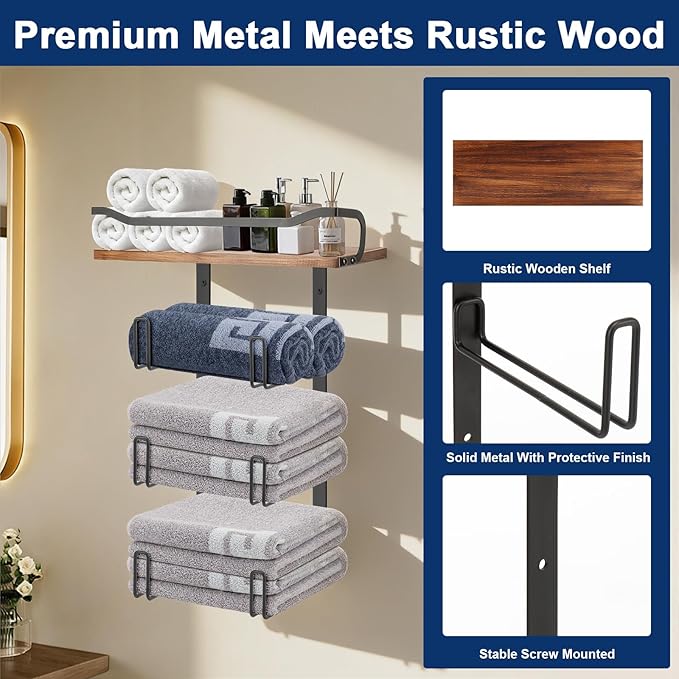 NearMoon Towel Rack with Wooden Shelf, All Metal Rustproof Towel Organizer Holder for Bathroom Storage, Wall Mounted (1 Pack, Matte Black)