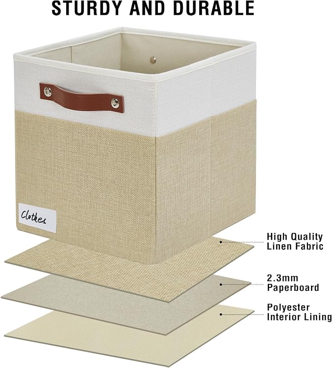 Bagnizer Collapsible Fabric Storage Cube Bins with 2 Reinforced PU Handles, Foldable Storage Organizer Baskets for Closet, Shelves, Living Room | 11"x11"x11", 4 Pack, Beige & White