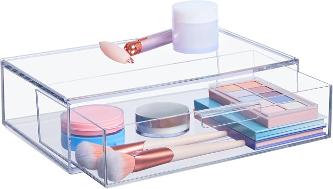 STORi Audrey Stackable Clear Bin Plastic Organizer Drawer | Organize Eyeshadow Palettes, Cosmetics, and Beauty Supplies on a Vanity | Made in USA