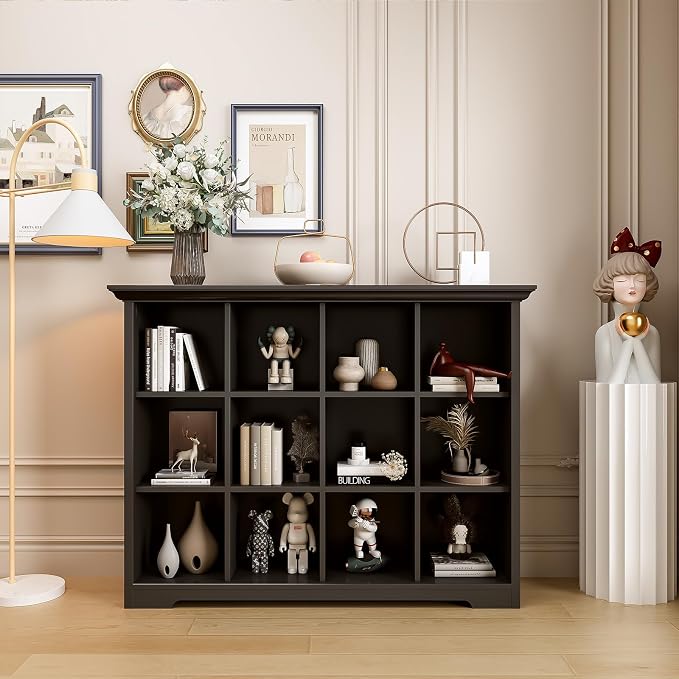 OSCHF 12-Cube Open Bookcase with Base, 3-Tier Wooden Bookshelf, Black | Curved Base, Crown Molding, Fits 11×11" Bins, Modern Storage Cabinet for Living Room, Bedroom, Home Office