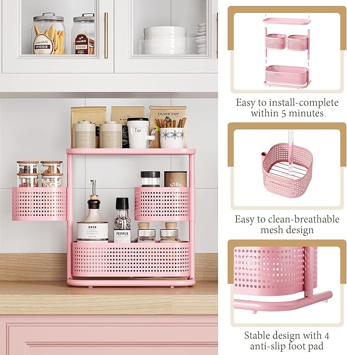 KINGRACK Metal Bathroom Counter Organizer，Rotating Countertop Storage Shelf | 3 Tier, Makeup Tray for Vanity, Perfume & Skincare, Standing Shelf for Bathroom Counter Storage, Pink
