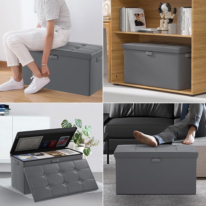ENGPOW Storage Ottoman Bench,Fireproof Folding Bench with Lock,30 Inches Fire＆Water Resistant Storage Chest Foot Rest Stool Leather Bedroom Ottoman Safe for Documents,Valuables, Grey