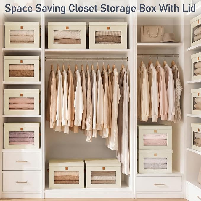 DIMJ Storage Bins with Lids - 6 Pack Front Opening Stackable Fabric Storage Boxes with Clear Window & Handles, Collapsible Closet Organizers for Clothes, Sweaters, Shelf Storage, Bedroom, Beige