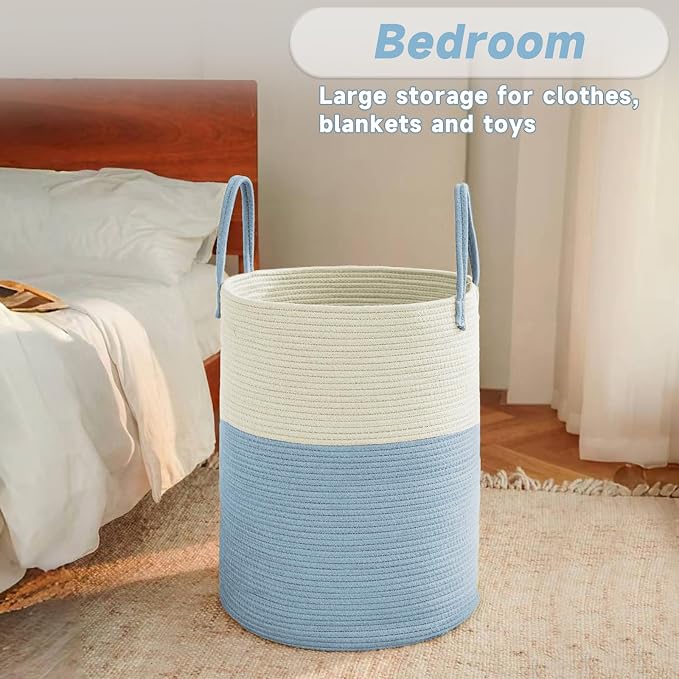 JMvicyroam 80L Cotton Rope Laundry Basket Hamper, White and Blue | Collapsible laundry basket, reinforced handles, freestanding, machine washable, holds 3-5 thick blankets, clothes or toys