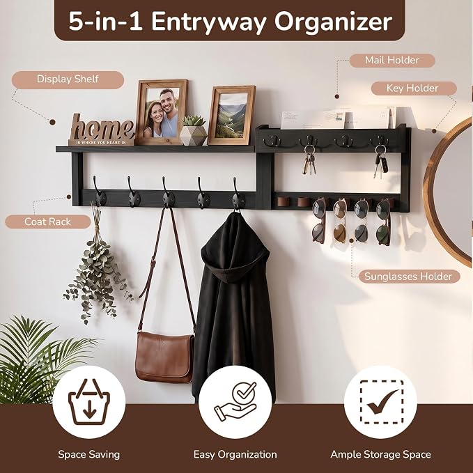 Wooden Key Holder Wall Mount with Shelf, Wall Key Rack and Mail Holder with 9 Key Hooks and 6 Sunglasses Holders, Farmhouse Key Hanger for Entryway Living Room Bedroom, Black