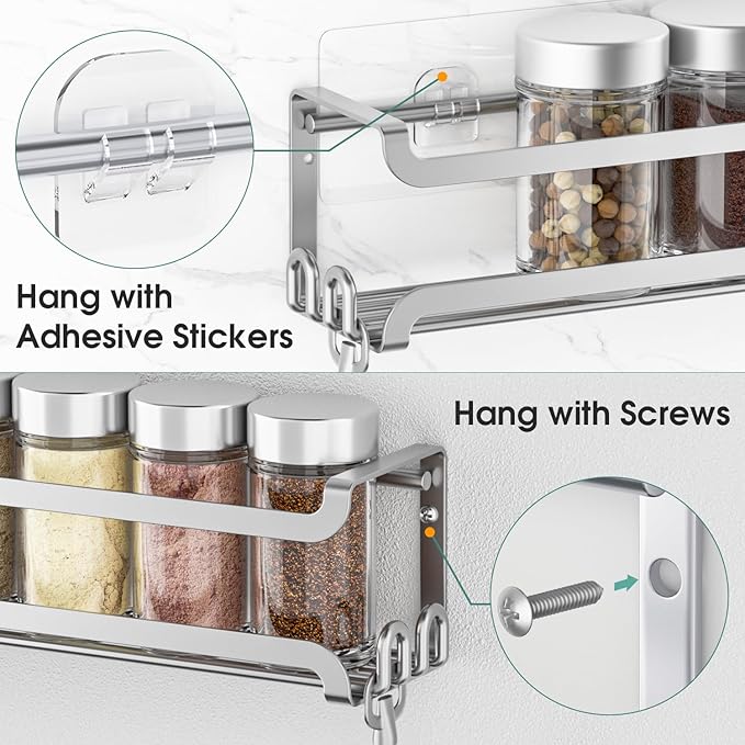 LUCYCAZ 2 Pack Wall Mounted Spice Rack for Spice Jars & Seasonings (Silver) | 8 Metal Hooks, Space-Saving,Screw or Adhesive Spice Shelf Hanging,for Kitchen Cabinet,Pantry Door,RV,Camper Spice Orgnaizer