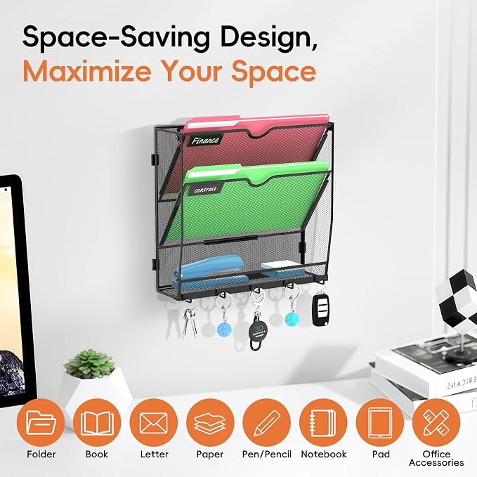 3-Tier Wall File Organizer with Hook, Hanging File Organizer Black | Wall-mounted mail storage holds papers, folders, files, clipboards and magazines, assembly required for office or home use.