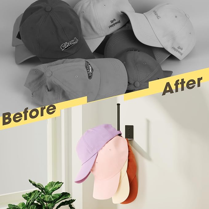 Durmmur Stainless Steel Hat Organizer, Hat Rack for Wall,Each Holds 15 Hats | 6P Strong Adhesive/Wall Drilled Hat Holder, Hat Hooks, Hat Hanger Baseball Cap Organizer for Door,Bedroom,Closet(Black 6 in)