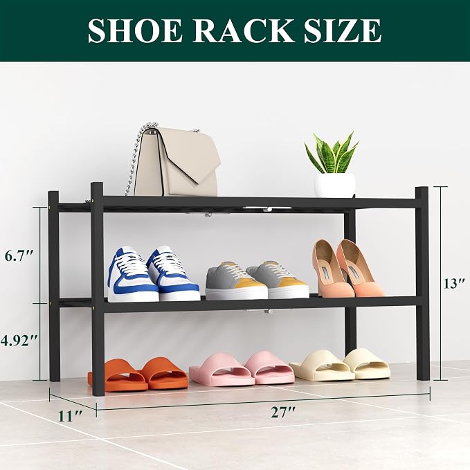 Smiry Bamboo Shoe Rack, 14 Vertical Slats, 2 Tier - 26.8" Wide, Black | Stackable Free Standing Wooden Shoe Organizer, Wood Shoe Storage Shelf for Closet, Entryway, Thicher Leg
