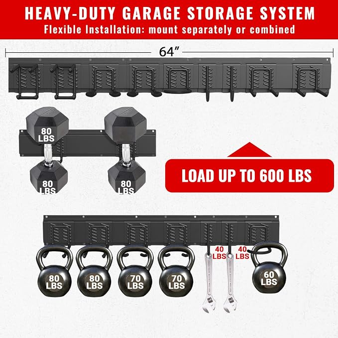 Garage Tool Organizer Wall Mount, Easy to 64inch Install Heavy-Duty Garage Storage System with 9 Adjustable Hooks, Garden Tool Rack for Shovels, Rakes, Yard Tools