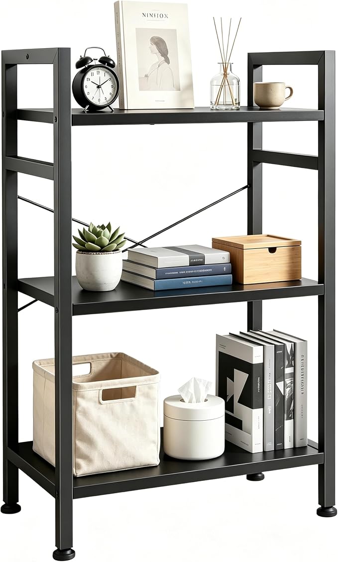 HealSmart 3 Tier Bookshelf, Free Standing Book Shelf Home Office Bookcase Shelf Storage Organizer for Bedroom, Bathroom, Living Room, Office, Balcony, Black