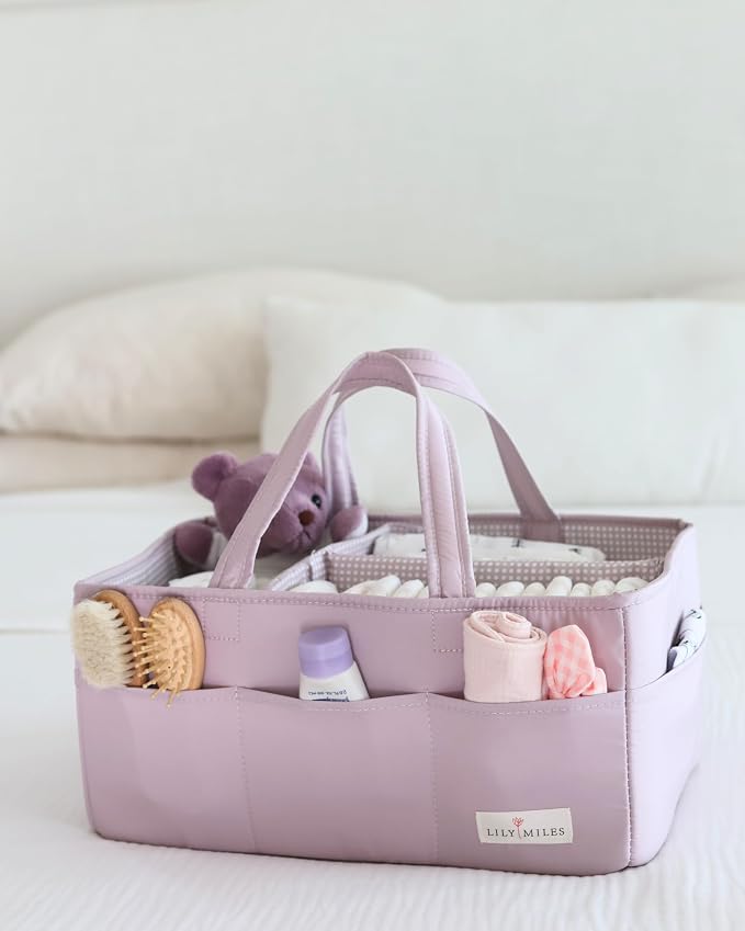 Baby Diaper Caddy Organizer, Wipeable Diaper Organizer Basket with 8 Pockets for Newborn Essentials, Baby Shower Gifts, Nursery Tote Bag for Changing Table or Car (Rosy Lilac, Large)