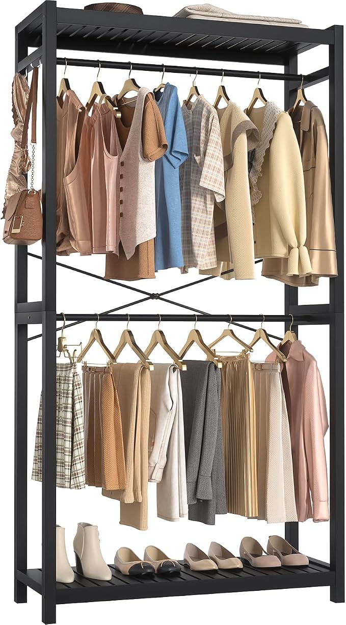 Bamboo Clothes Rack with Shelves and Double Hang Rods, Portable Closet System Garment Rack for Hanging Clothes, Tall Clothing Rack Corner Closet Organizer, Easy to Built, Freestanding, Black