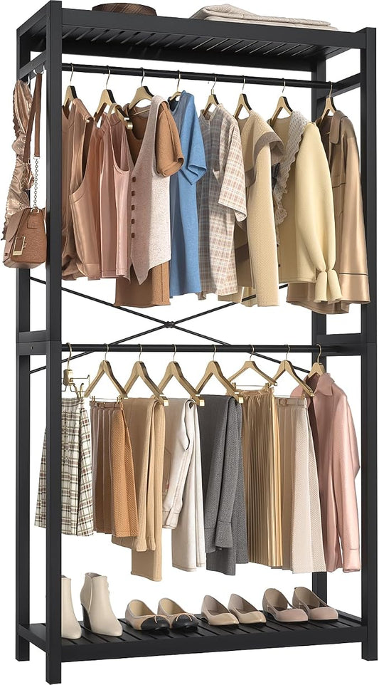 Bamboo Clothes Rack with Shelves and Double Hang Rods, Portable Closet System Garment Rack for Hanging Clothes, Tall Clothing Rack Corner Closet Organizer, Easy to Built, Freestanding, Black