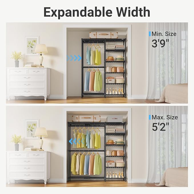 VIPEK X2 Plus Expandable Heavy Duty Clothes Rack, Closet System Black | Portable Reach-in & Walk-in Closet Rack with Adjustable Shelves and Hanger Rods 3'9"-5'2", Clothing Rack for Hanging Clothes