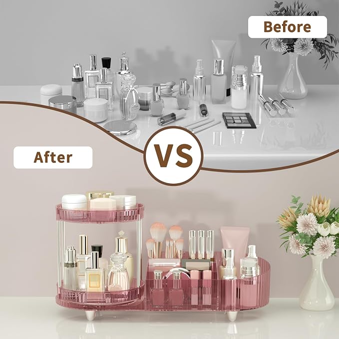 360 Rotating Makeup Organizer for Vanity, 2 Perfume Trays with 5 Compartments Cosmetic & Skincare Storage, Multi-Purpose Countertop Organizers for Bathroom, Desk, Pantry, Space-Saving Beauty Organizer