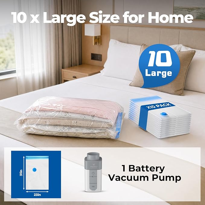 ETENWOLF 10 Large Vacuum Storage Bags for Travel with Wireless Pump | Vacuum Seal Bags for Clothing Travel, Compression Packing Bags for Clothes and Blankets, Space Saver Bags in Carry-On Sizes