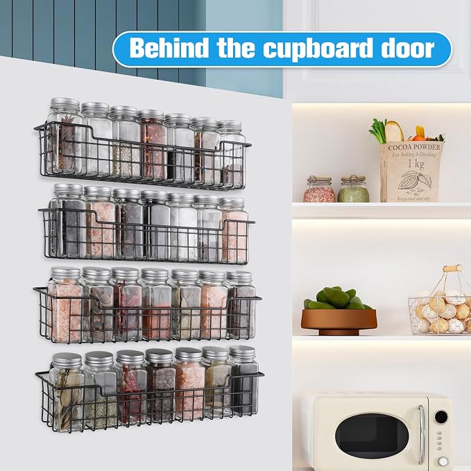 Spice Rack Organizer Wall Mount, Spice Organization Storage Shelf for Cabinet Door, 4 Packs Wall Spice Rack Saving Space for Kitchen, Black