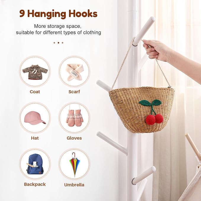 Cozivolife Kid's Coat Rack Stand: Height Adjustable with 9 Hooks (White) | Beech Wood Coats Tree for Cloth Hats and Handbags - Freestanding Child Clothes Racks for Hallway Entryway Bedroom