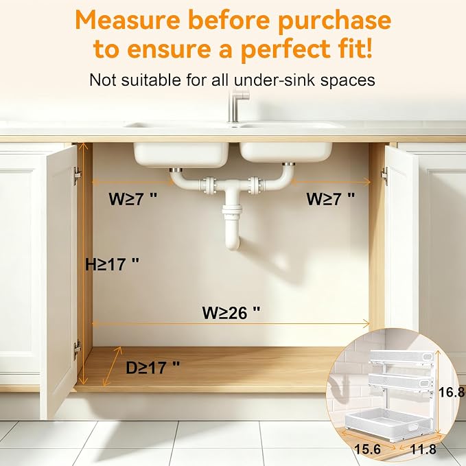 3 Tier Adjustable Under Sink Organizer for Bathroom & Kitchen(1Pack, White) | 35% More Storage, 5 Adjustable Heights, Sliding Pull Out,No Sliding, Heavy-Duty Steel Frame, Multi-Purpose Cabinet Organizer