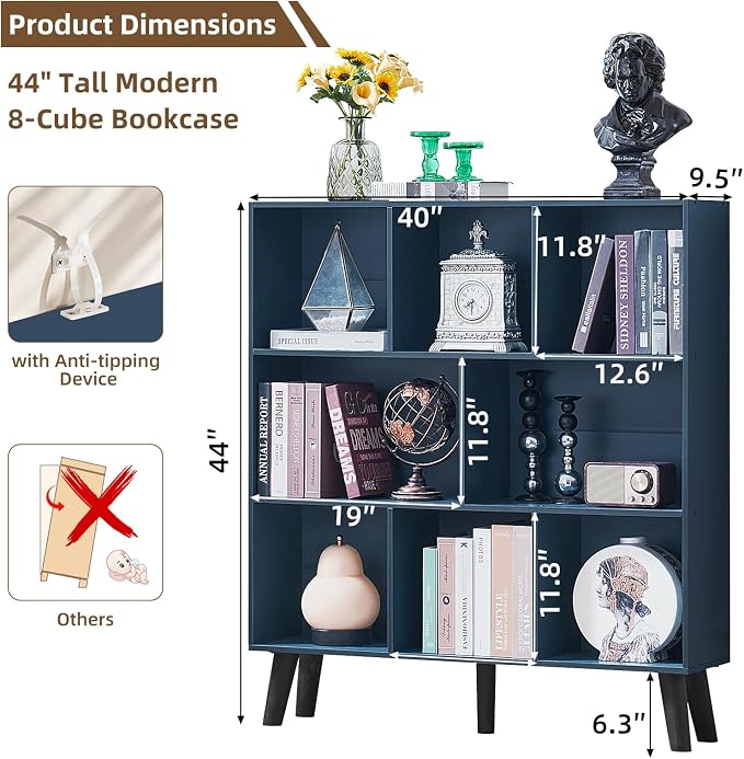 LEYAOYAO 8 Cube Bookshelf,Mid-Century Modern Book Shelf with Legs,Dark Blue | 3 Tier Bookcase, Rustic Wood Bookshelves Freestanding Large Storage Organizer, Open Shelves for Bedroom, Living Room, Office