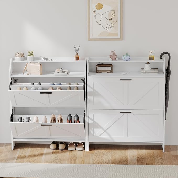 Farmhouse Shoe Cabinet with 2 Flip Drawers, Shoes Storage Cabinet, Freestanding Shoe Rack Organizer for Entryway, White
