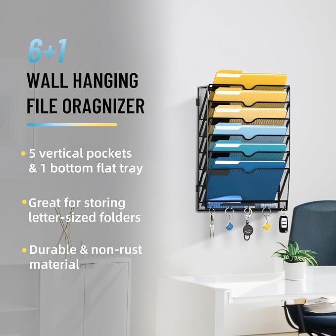 7-Tier Hanging Wall File Organizer with Hooks for Office Organization | Mesh Wall File Holder, Mail Organizer Wall Mounted for Papers, Documents, Folders and Magazines in Home Office, Classroom