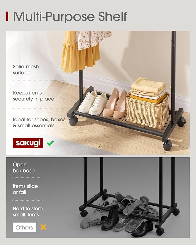 Sakugi Clothes Rack - Clothing Rack with Storage Mesh Shelf & Casters, Heavy-Duty Metal Clothing Rack for Hanging Clothes, Dresses, Coats, Large Load Capacity, Easy Assembly, Black, 28.0"x16.9"x59.0"