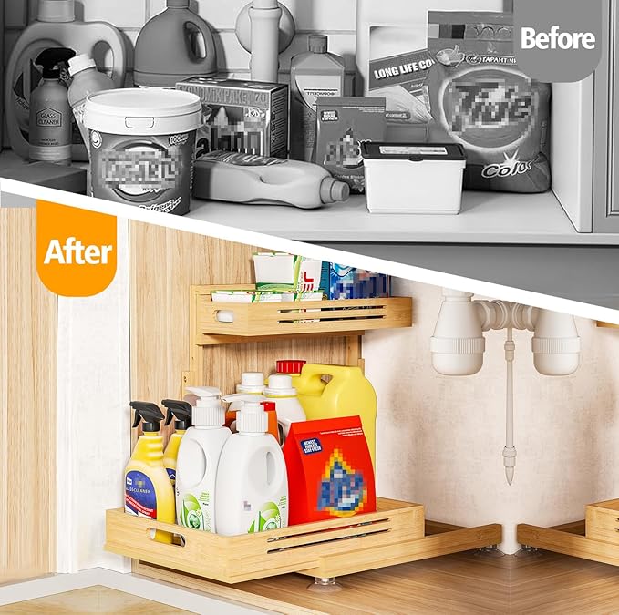 Banlilu Under Sink Organizer, Pull Out Cabinet Organizer, 2 Tier Slide Out Sink Shelf Cabinet Storage Shelves, Storage for Kitchen Bathroom, Natural Premium Bamboo Wood