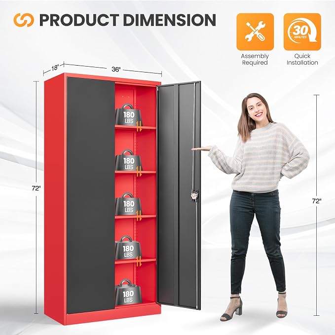 Metal Garage Storage Cabinets with Lock, 72" Tall Tool Cabinet with 2 Door and 4 Adjustable Shelves, Locking Garage Cabinets and Lockable Steel Locker for Home Office Warehouse-(Red Black-72”H)