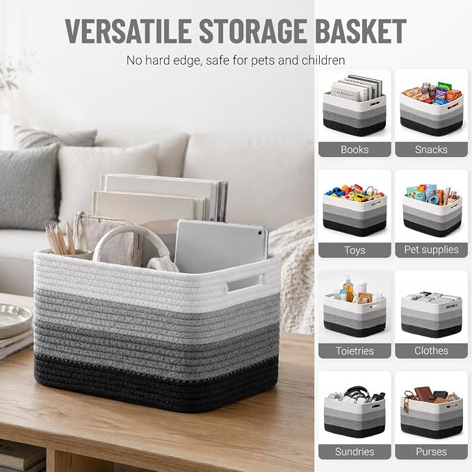 5 Pack Woven Storage Baskets for Shelves Organizing, Decorative Cotton Rope Organization Storage Bins for Socks, Book, Towel, Clothes, Closet, Nursery, Bathroom & Home Decor, Black White Ombre