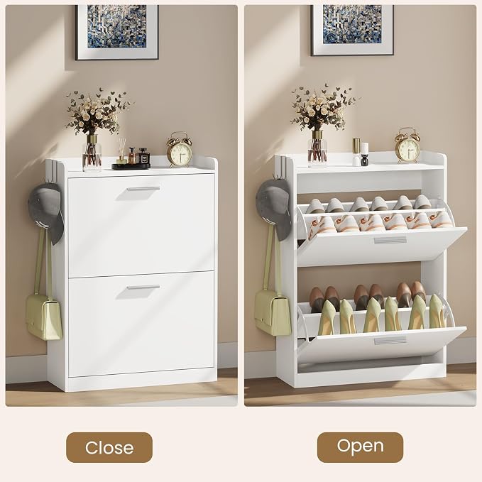 Shoe Storage Cabinet for Entryway with 2 Flip Drawers, 23.6" W White | Freestanding shoe storage cabinet for entryway,foyer and hallway,slim design and space-saving flip drawers