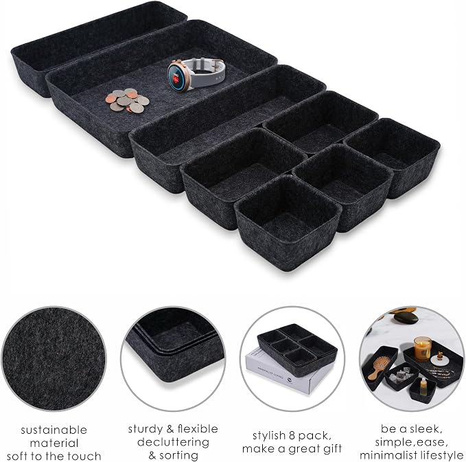 Minimalist Felt Desk Drawer Organizer 8-Piece Charcoal Storage Bins