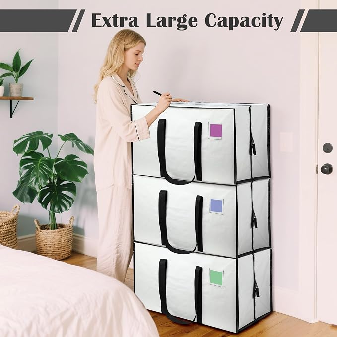 6 Pack Moving Bags Heavy Duty 210GSM with Full-Open Side Zipper, 93L 65lbs Waterproof Foldable Storage Totes for College Dorm Move-In, Moving Boxes Alternative & Home Organization,White