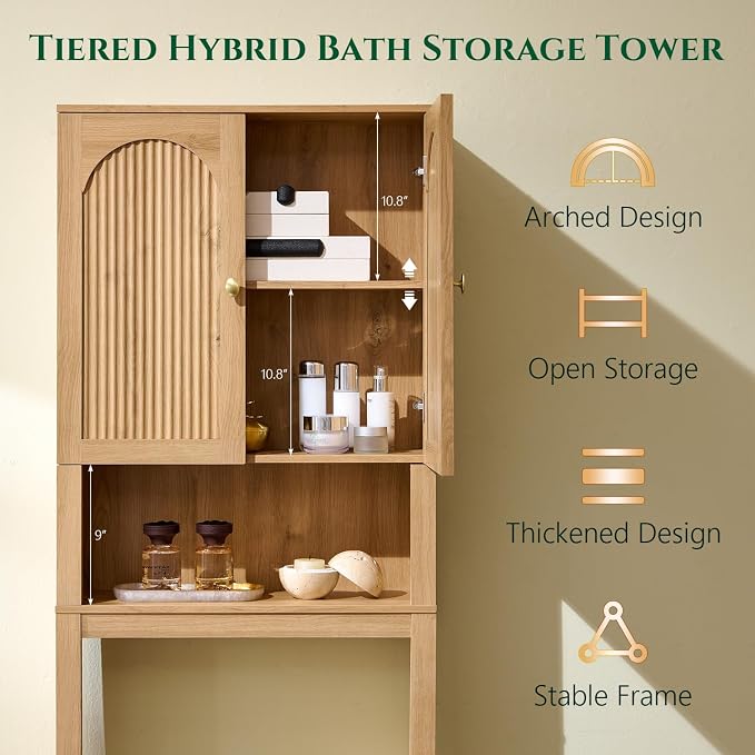 72" Over The Toilet Storage Cabinet, Modern Over Toilet Bathroom Organizer Shelf with Fluted Arched Doors, Wooden Free Standing Bathroom Storage Cabinet with Adjustable Shelf, Space Saver, Natural Oak