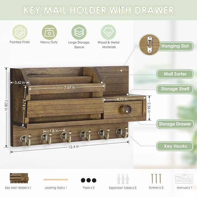 VIS'V Key Holder Wall Mount, Wooden Mail and Key Organizer, Brown | Contains Little Drawer, Small Shelf, 2 Slots, 6 Hooks, for Entryway, Hallway, Doorway, Kitchen, Garage, RV
