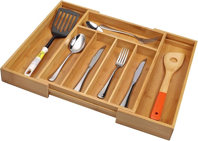Utoplike Bamboo Cutlery Silverware Tray, Drawer Organizer Kitchen Utensils | Small Drawer Dividers for Flatware Tray Drawer Insert for knives, Gadgets and Garage Tools, Office Supplies, 5-7 Slots