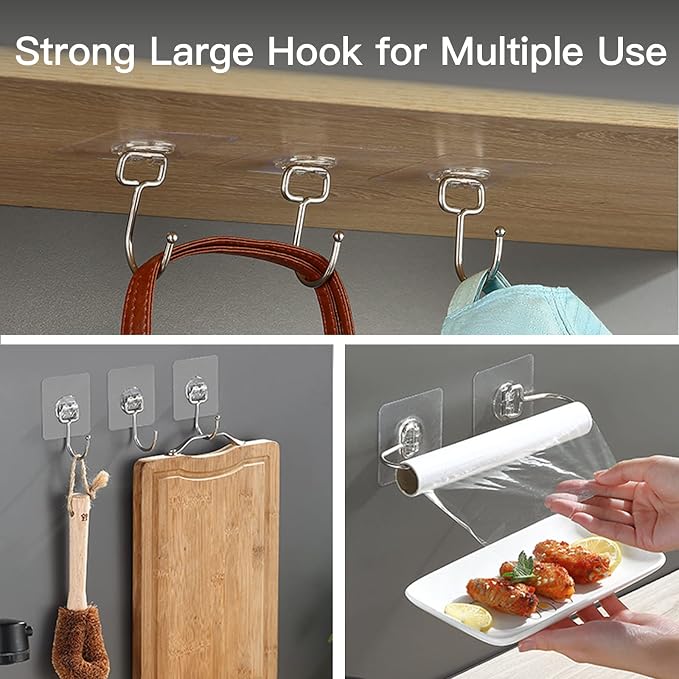 Large Adhesive Hooks for Hanging Heavy-Duty 44Ib(Max) 20 Packs, Wall Hangers without Nails Self-Adhesive Traceless Clear and Removable, Waterproof and Rustproof Multiple Uses for Bathroom Kitchen Home