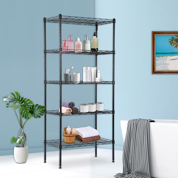 BestOffice | 5-Tier Wire Shelf | 22" x 12" x 48" | Black | Storage Shelves with Adjustable Racks, Holds upto 750 lbs | Rust-Resistant, No-Tool Assembly | For Home, Garage