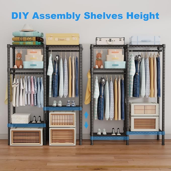 F1 Garment Rack for Kids, Baby, Students, and Children's Room, 4 Tiers Freestanding and Portable Heavy Duty Closets, Small Metal Clothes Rack with 2 Hanging Rod, 31.2" W x 11.8" D x 48" H, Black | Small Clothing Racks with 2 Hanger Rods for Hanging Bab...