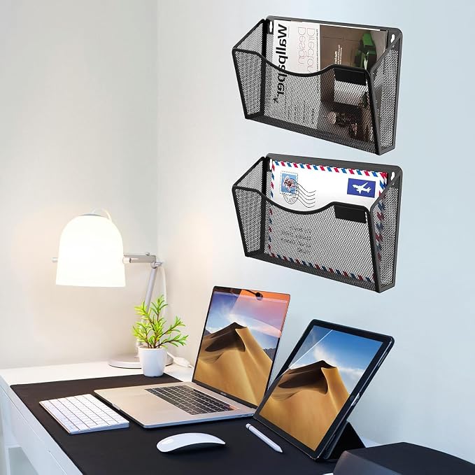 Gawerk Mesh Hanging Wall File Holders, Metal Vertical Wall Basket Mail Organizer for Office/Home (Black, 2 Pack Wall Mounted)
