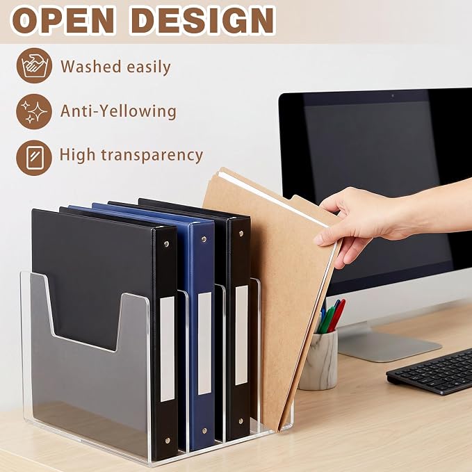 4 Section Clear Acrylic Desktop File Organizer Vertical File Sorter 4mm Thick, Large Capacity Upright Magazine Organizer, Book Paper, Notebooks, Envelopes, Mail Holder