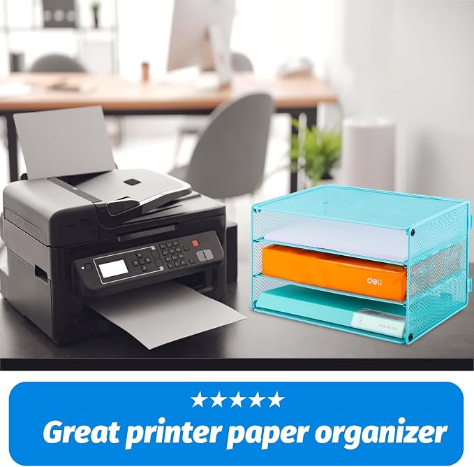 Paper Organizer Tray, 3 Tier Mesh Desk File Organizer Letter Sorter Holder for Home Office, Blue
