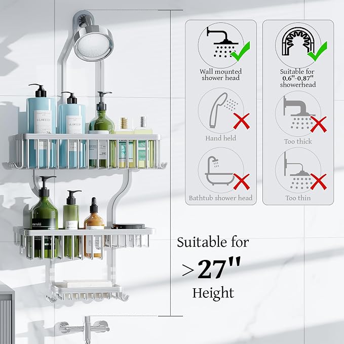 YASONIC Never Rust Shower Caddy Hanging, Aluminum Shower Racks for Inside Shower, 3-Tier Shower Organizer Hanging Over Shower Head with Hooks and Soap Holder, Silver
