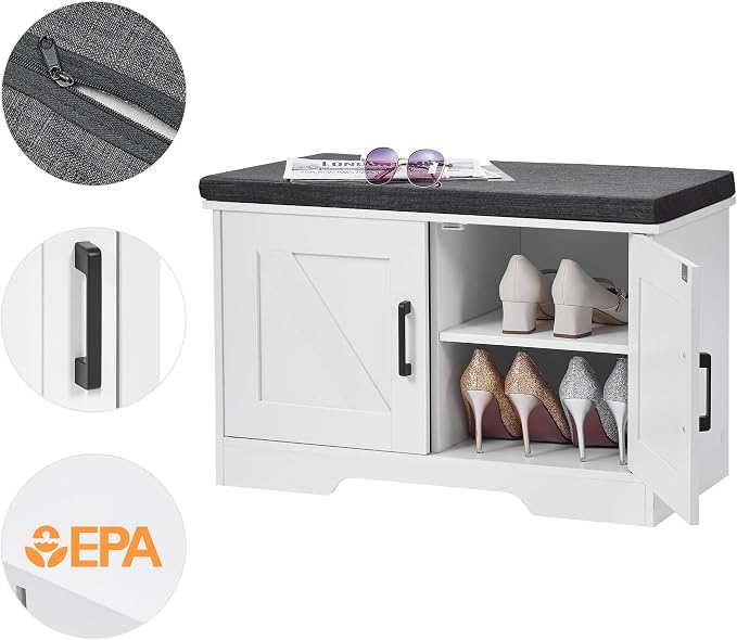 HOMSHO Farmhouse Shoe Storage Bench with 2 Barn Doors & Padded Seat Cushion | 27.6" Wide Entryway Bench with Adjustable Shelves & Hidden Storage, White