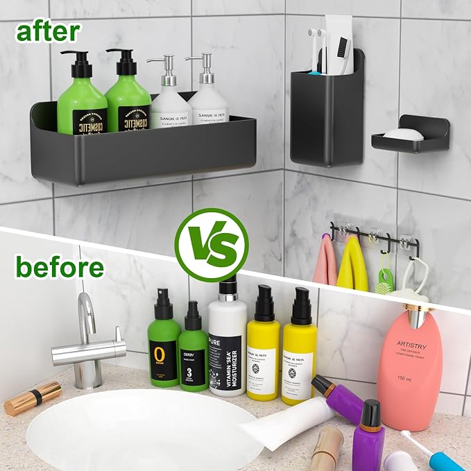Adhesive Shower Caddy Shower Shelves Bathroom Organizer and Storage | 6 Pack，Rustproof，No Drilling，with Soap Holder，Clear，Acrylic， Large Capacity，Removable and Reusable，Plastics，Wall-Mounted