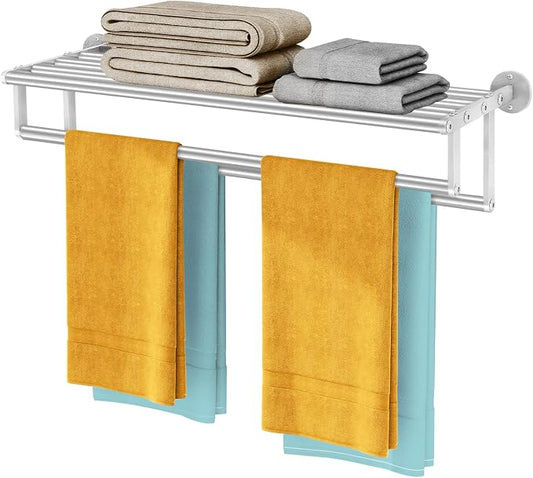 Double Towel Racks for Bathroom, Towel Rack with Shelf, Towel Shelf with Double Towel Bar Brushed Nickel, Wall Mount Towel Holder Stainless Steel, 32 Inch Towel Bar with Shelf